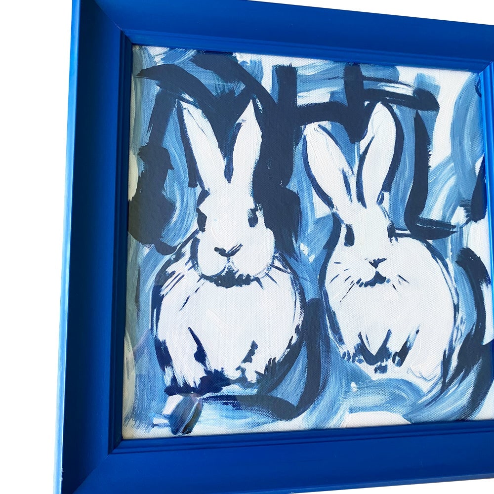 Blue Bunny Painting Original Art Framed Gold, Bunny Wall Art, Rabbit Painting Acrylic, Preppy Chinoi - 3