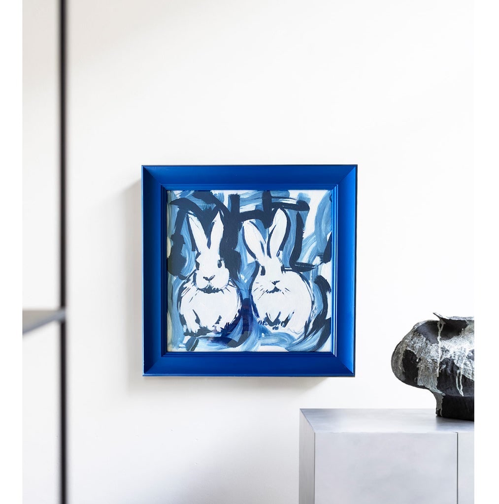 Blue Bunny Painting Original Art Framed Gold, Bunny Wall Art, Rabbit Painting Acrylic, Preppy Chinoi - 4