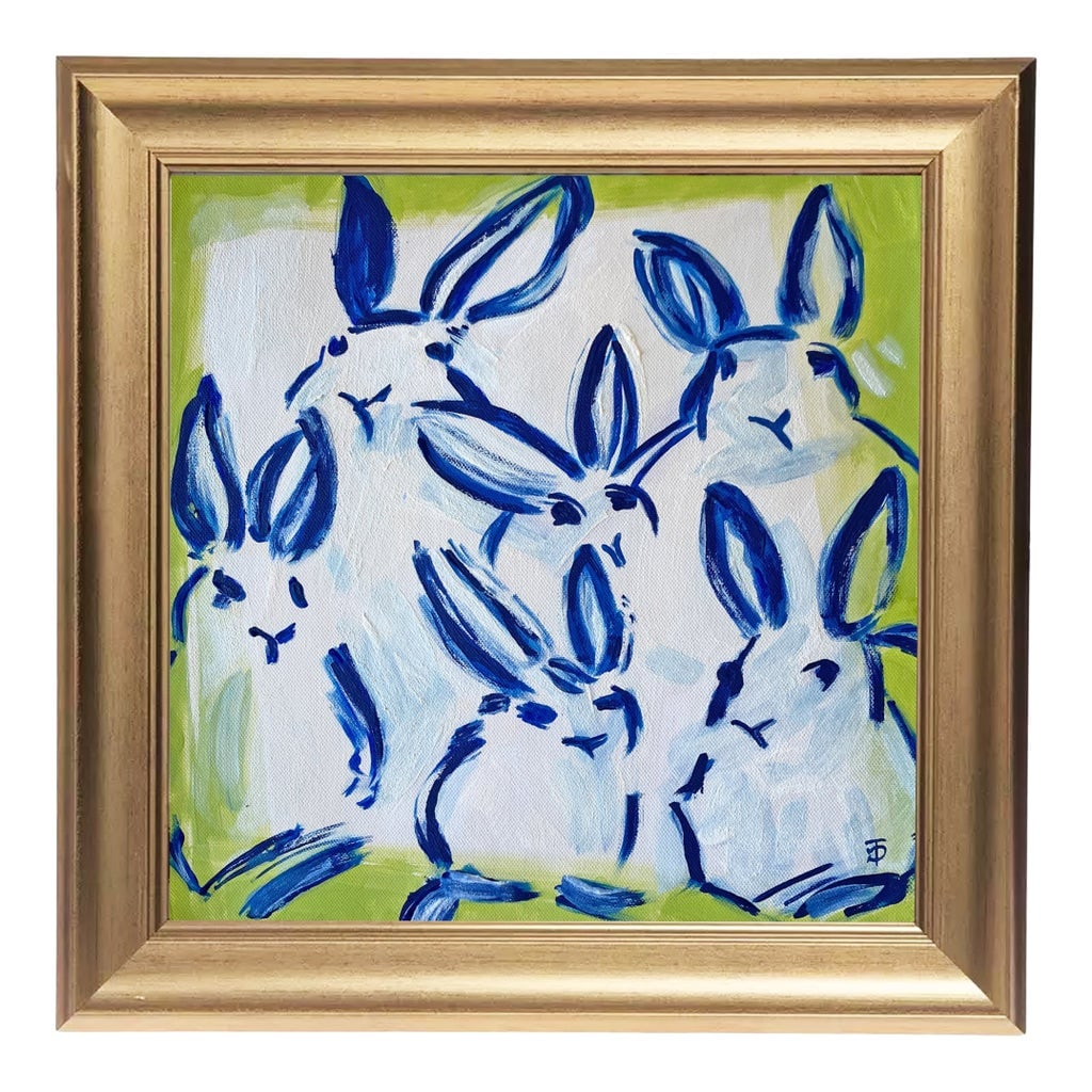 Blue Bunny Painting Original Art Framed Gold, Bunny Wall Art, Preppy Chinoiserie Decor by Tatiana Du: Title: Bunny Hop Medium: Acrylic on canvas Artist: Original artwork painted in Florida Frame: Gold frame with glass (included) Size: 15" x 15" x 1.2" Condition: New, ready to hang Style & Decor