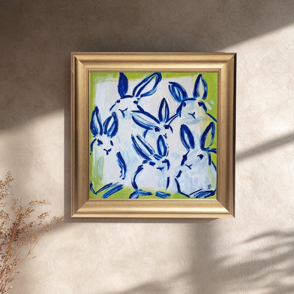 Blue Bunny Painting Original Art Framed Gold, Bunny Wall Art, Preppy Chinoiserie Decor by Tatiana Du - 2