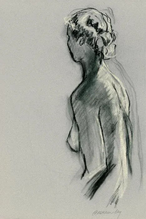 Contemporary Figure Portrait Drawing by Kathleen Ney, "Female Figure Back 4": Quick Sketch IV" contemporary pastel and charcoal figure drawing on 12" x 18" grey charcoal paper. This drawing has been "fixed" to prevent smearing and will be carefully packaged and shipped insured