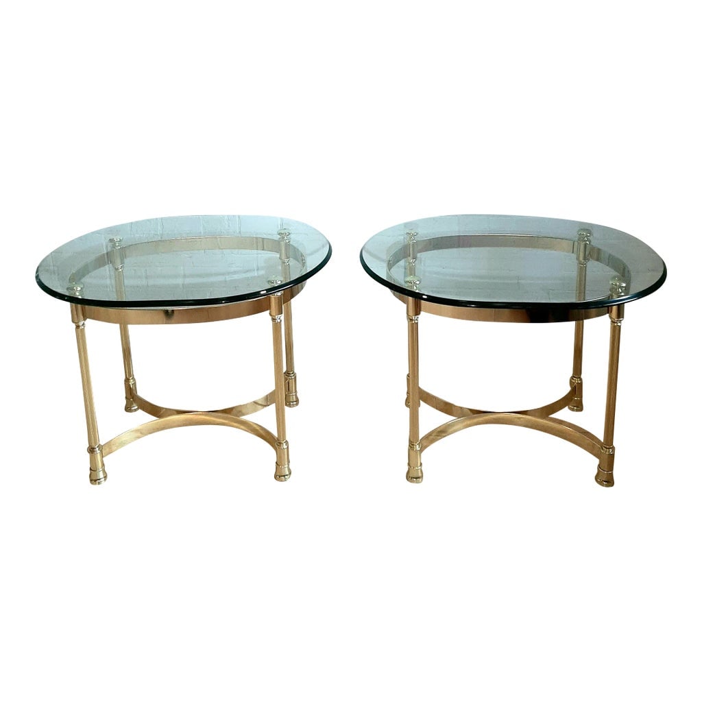 Late 20th Century Brass and Glass End Tables - a Pair: Vintage brass and glass side tables by Koch. Signed on bottom. 1/2" polished glass tops. Condition: Alterations: Original Condition Unaltered Imperfections: Some Imperfections Condition Notes: Very li