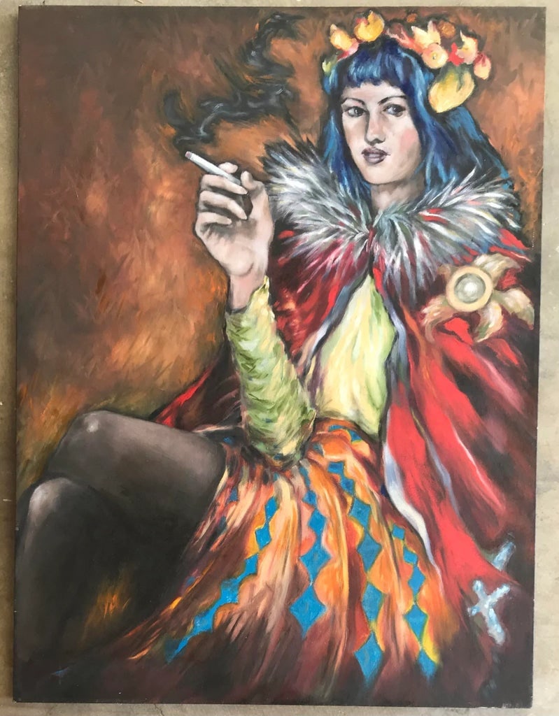 "Portrait of a Woman in Costume" Contemporary Expressionist Style Figurative Acrylic Painting on Can - 9