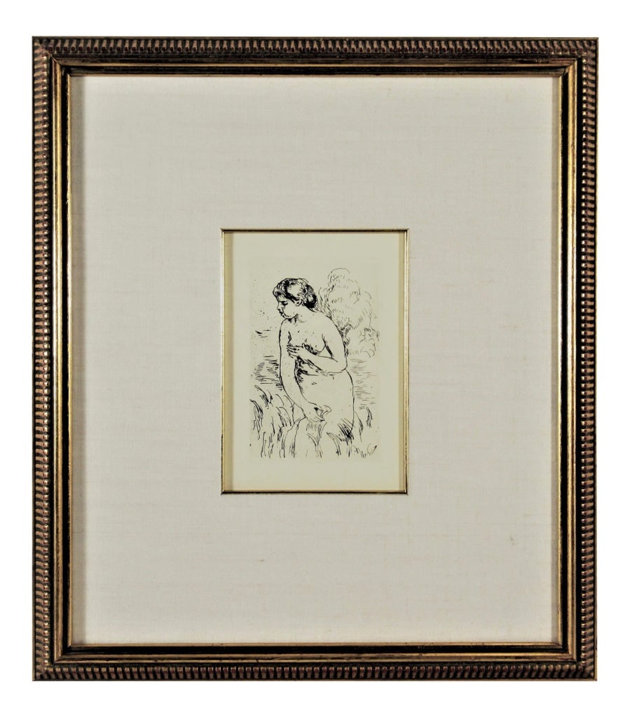 Pierre Auguste Renoir, Baigneuse Debout a mi Jambes: This artwork titled "Baigneuse Debout a mi Jambes" 1910 (Please note: This is a posthumous impression) is an etching on Wove paper by renown French artist Pierre Auguste Renoir, 1841-1919. The image (