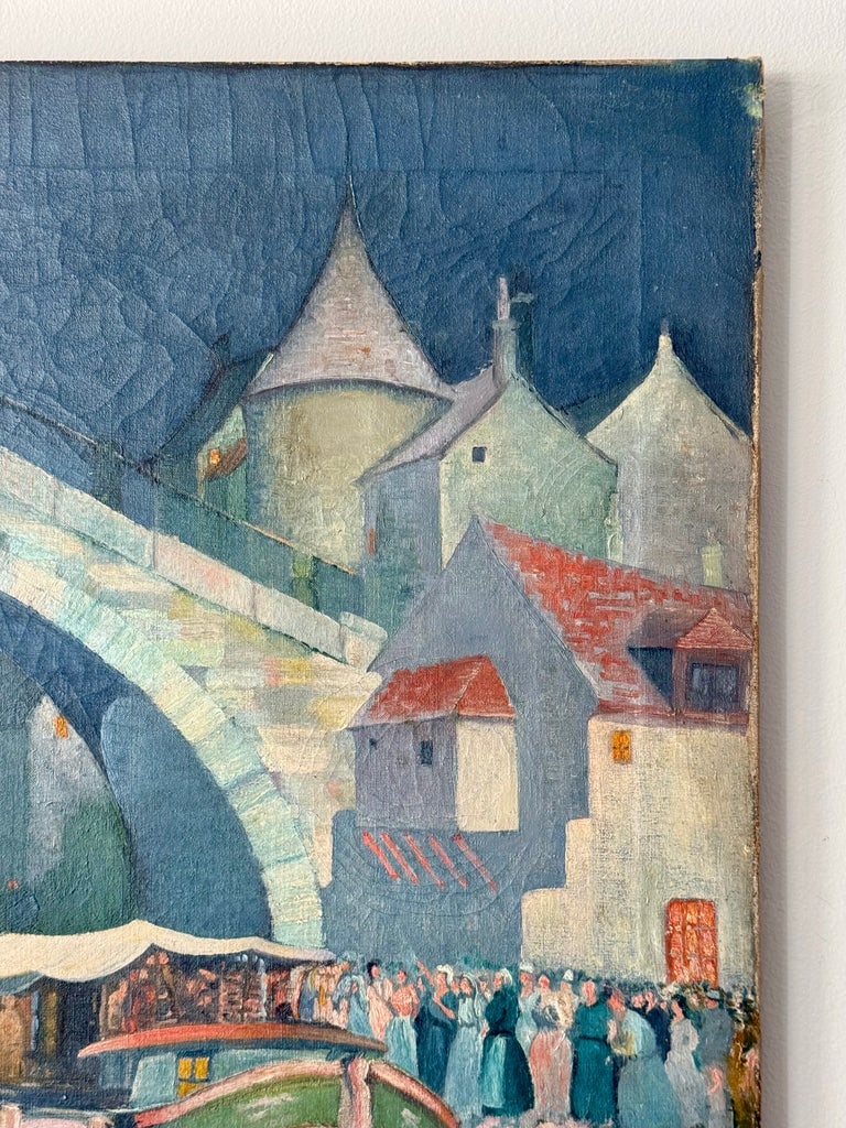 Vintage Oil on Canvas European River Town at Night - 4