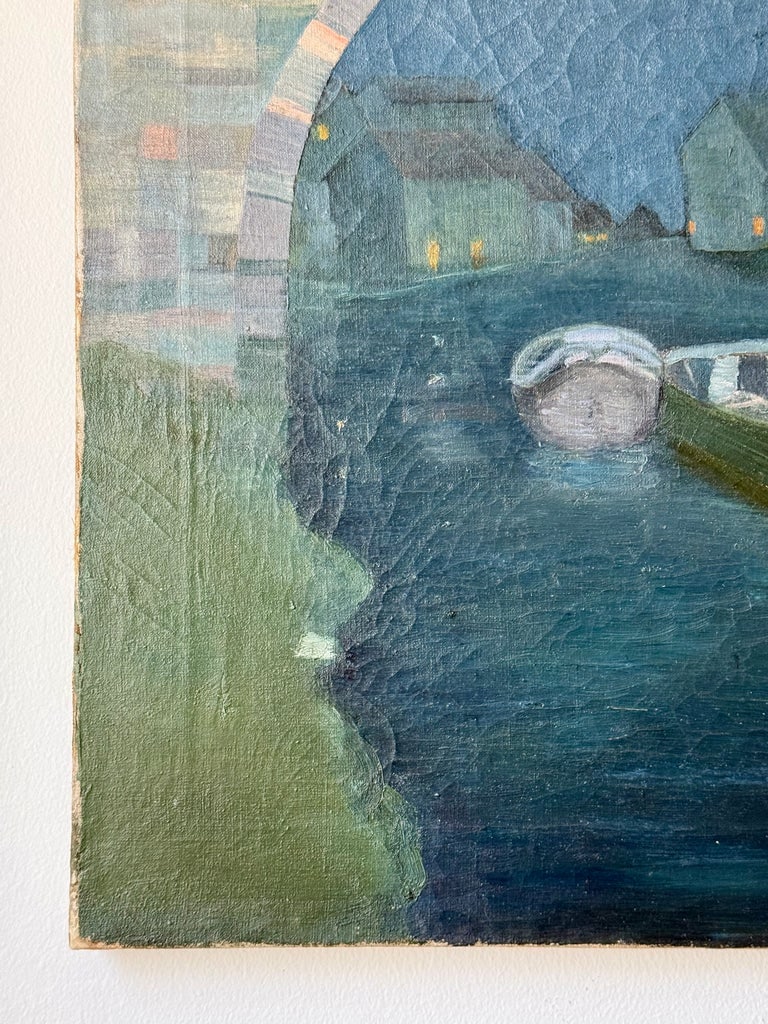 Vintage Oil on Canvas European River Town at Night - 6
