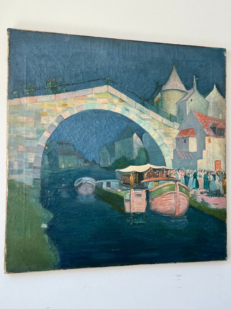 Vintage Oil on Canvas European River Town at Night - 7