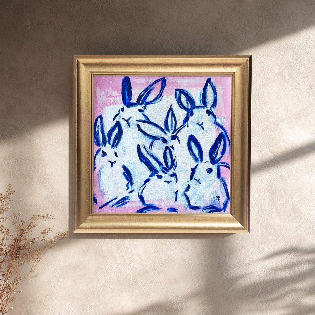 Blue Bunny Painting Original Art Framed Gold, Bunny Wall Art, Preppy Chinoiserie Decor by Tatiana Du - 2