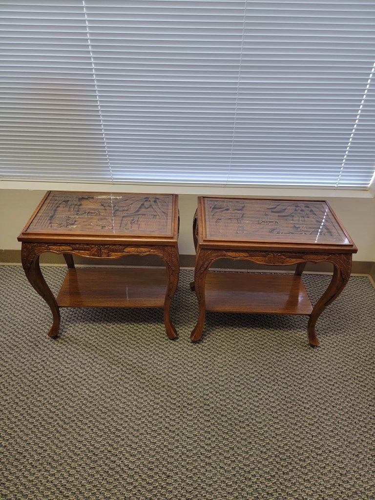 Two Chinoiserie Carved Wood Side Tables with Glass - Set of 2 - 2