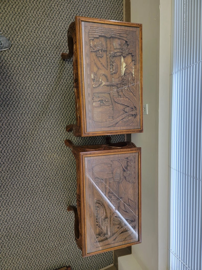 Two Chinoiserie Carved Wood Side Tables with Glass - Set of 2 - 3