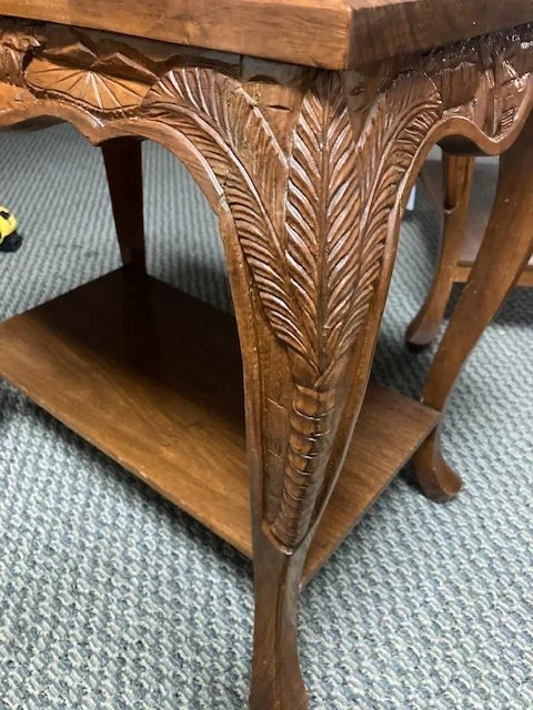 Two Chinoiserie Carved Wood Side Tables with Glass - Set of 2 - 7