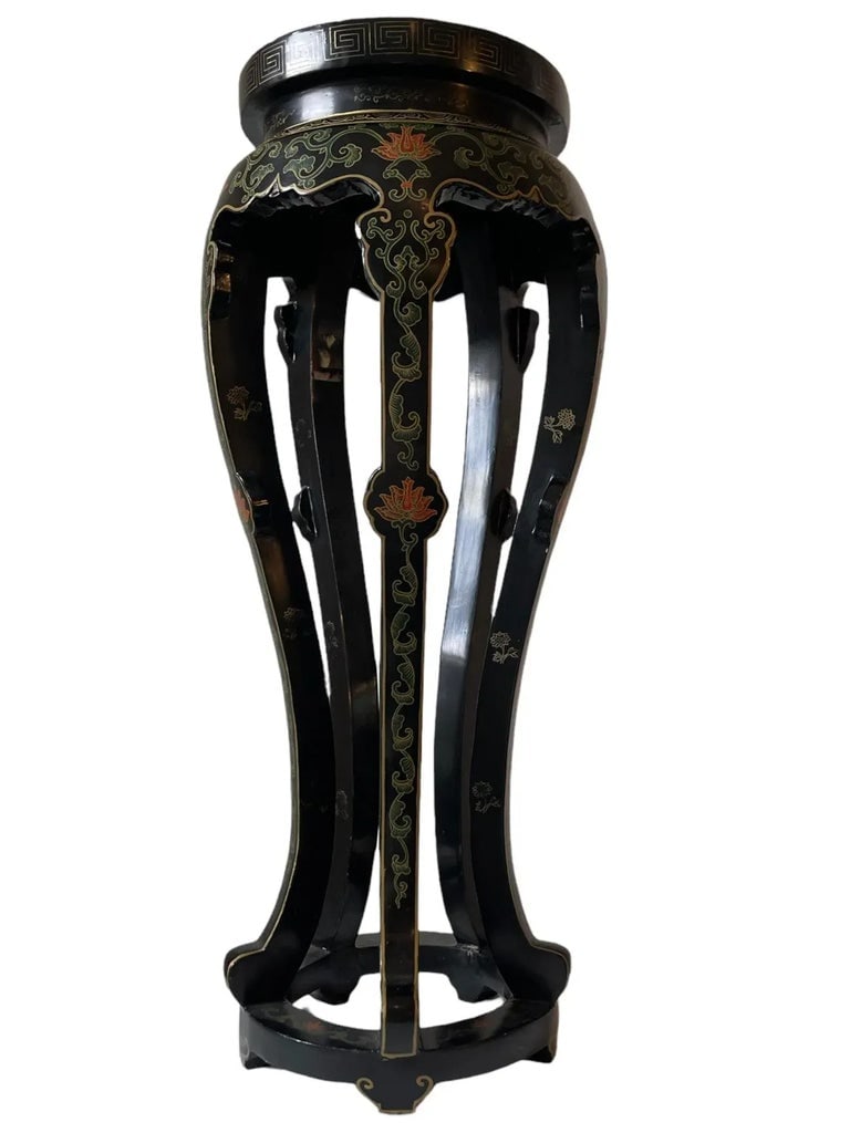 1920s Vintage Cloisonne Black Lacquer Hand Painted Antique Chinese Accent Table - 2