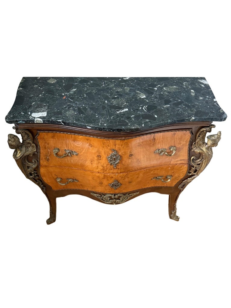 1960s French Louis XV Style Marble Top Bombe Commode With Figural Ormolu Mounts - 2