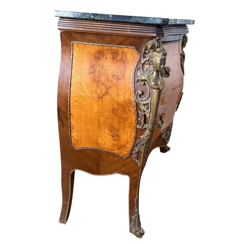 1960s French Louis XV Style Marble Top Bombe Commode With Figural Ormolu Mounts - 3