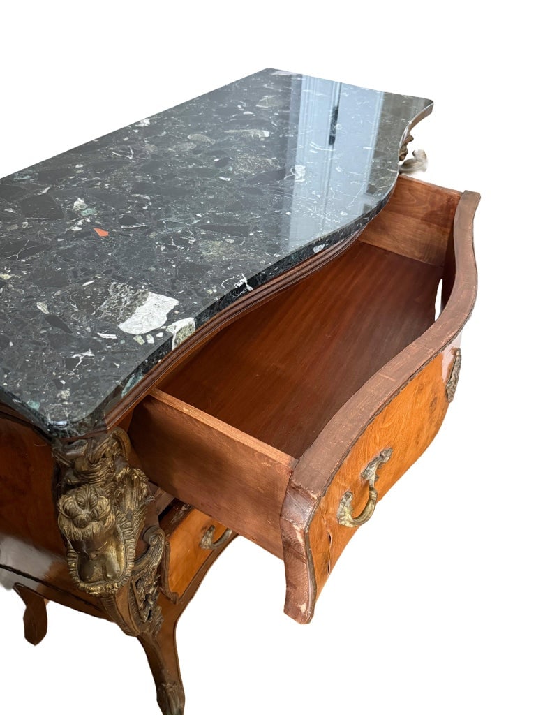 1960s French Louis XV Style Marble Top Bombe Commode With Figural Ormolu Mounts - 7
