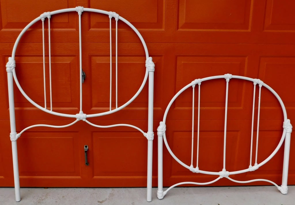 Antique Twin Size White Iron Bed Headboard & Footboard - 11