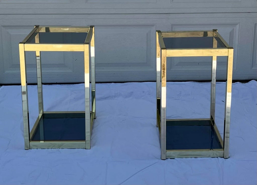 1970s Vintage Brass and Smoked Glass Tiered End Tables - a Pair - 2