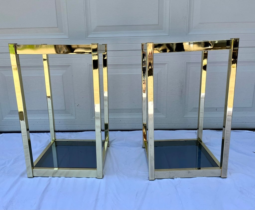 1970s Vintage Brass and Smoked Glass Tiered End Tables - a Pair - 7