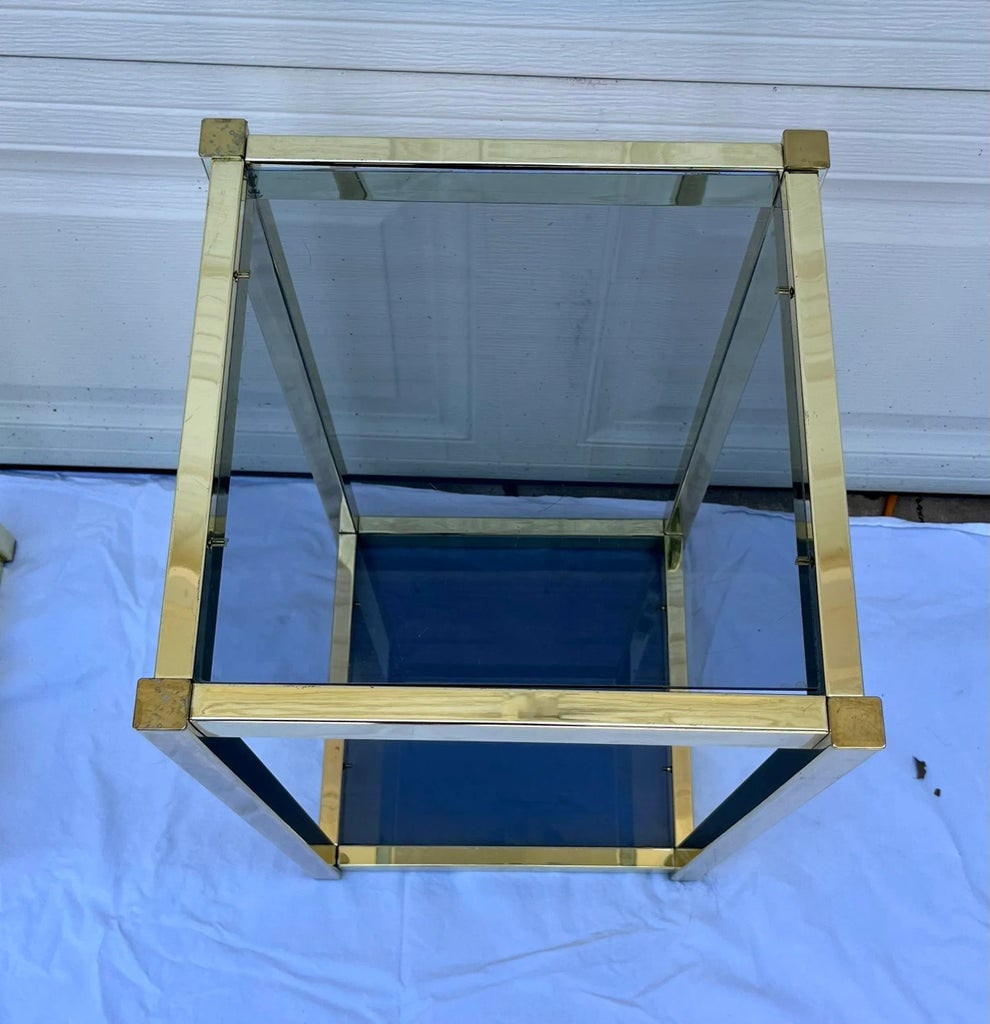 1970s Vintage Brass and Smoked Glass Tiered End Tables - a Pair - 9