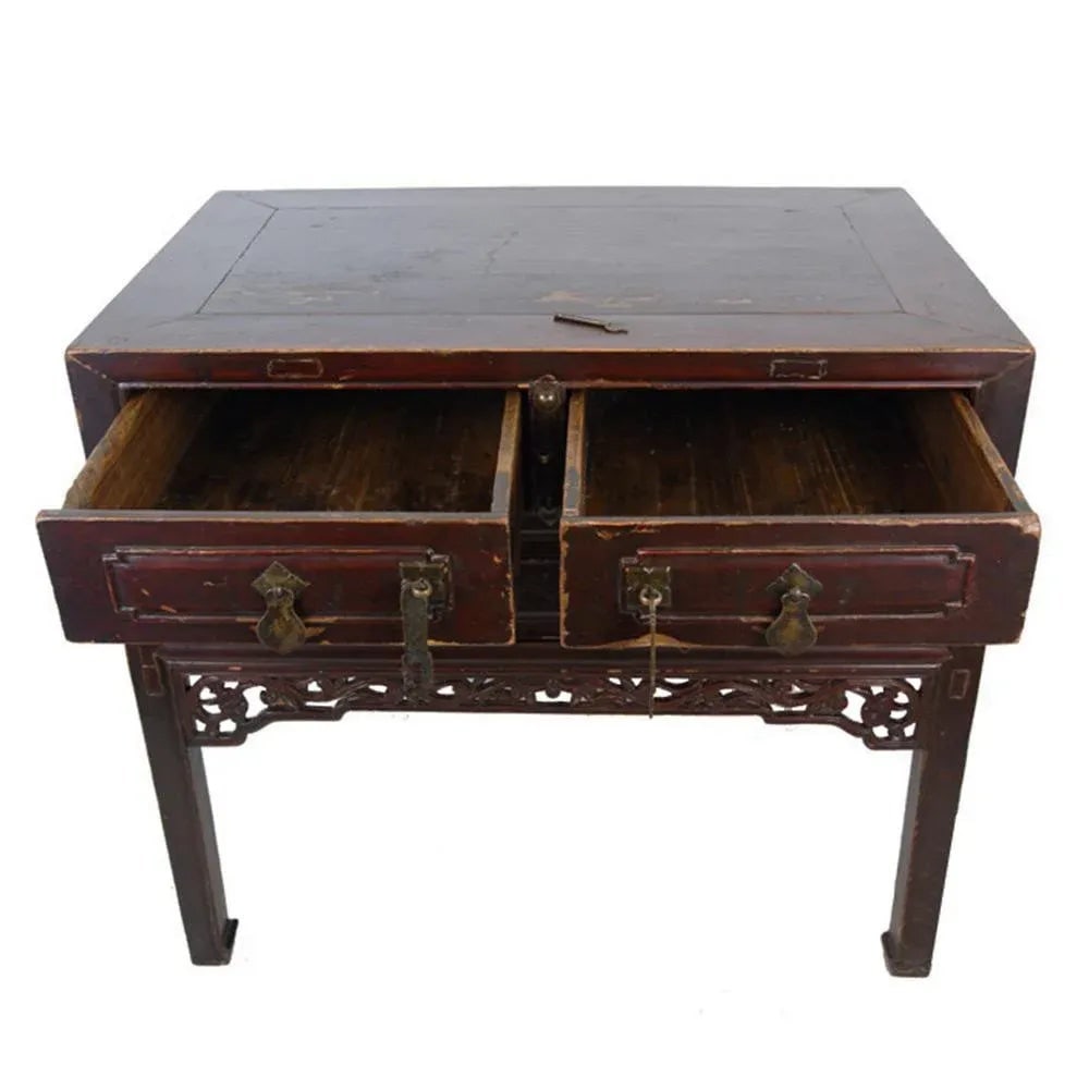Late 19th Century Antique Chinese 2-Drawer Carved Side Table - 3