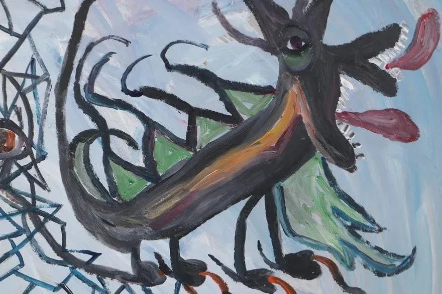 Robert Wright Signed Folk Art Acrylic Painting of Dragon - 2