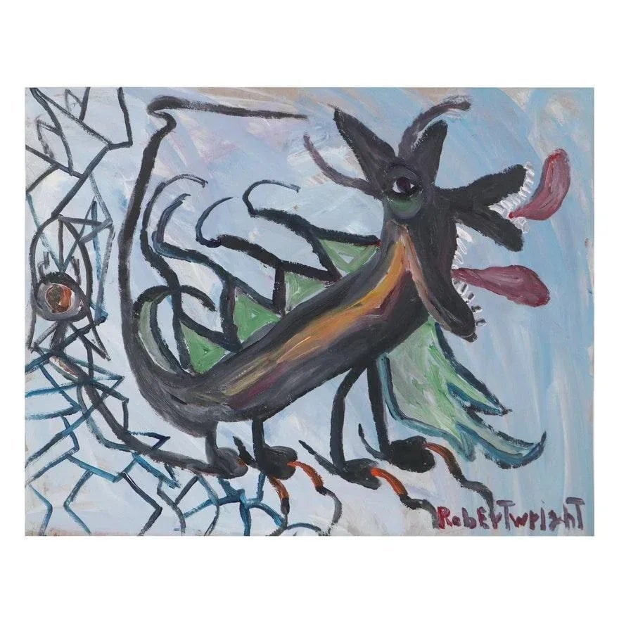 Robert Wright Signed Folk Art Acrylic Painting of Dragon - 8