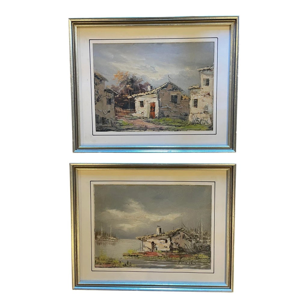 Pair of South American Oil Paintings of Houses Architecture With Silver Frames and Hand-Lined Mat Si: Gorgeous Pair of Signed South American Oil Paintings of Houses /Architecture with Silver Frames and Hand-Lined Mat. Signed Fortes. From an estate sale of well traveled Professor of History.