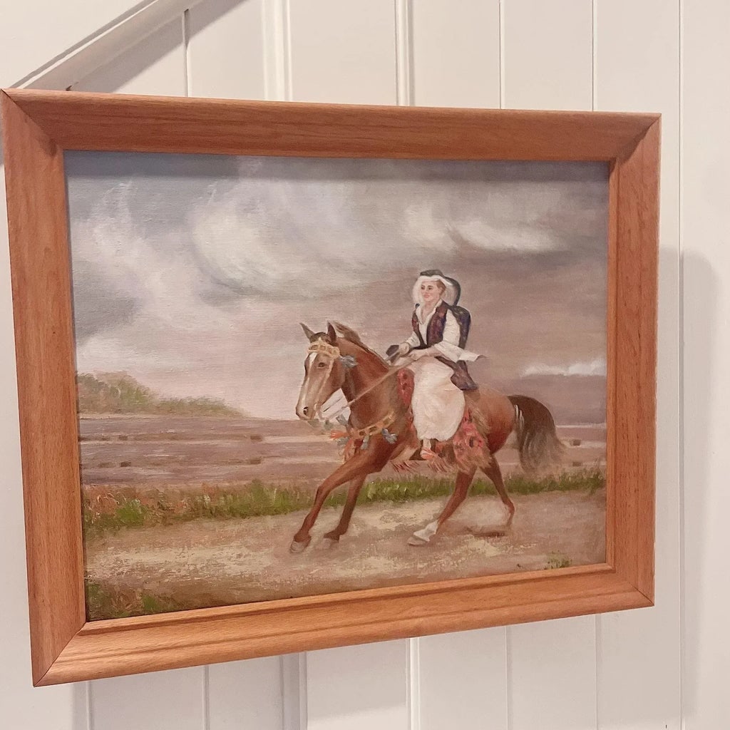 Vintage Original Painting of European Lady Horseback Framed - 7