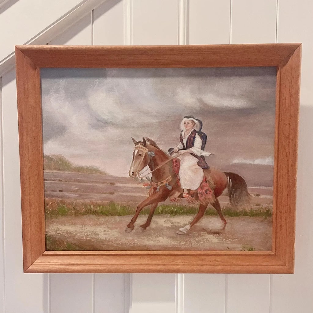 Vintage Original Painting of European Lady Horseback Framed - 8