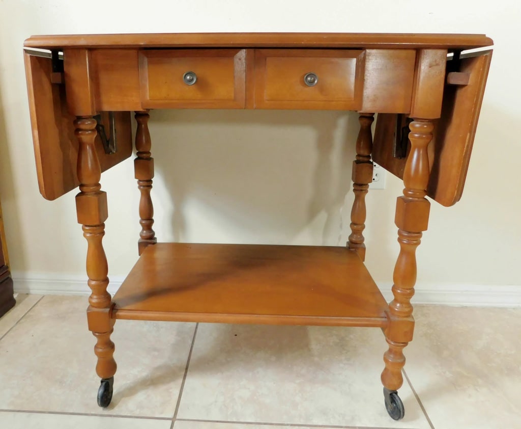 Vintage Midcentury Solid Oak Wood Drop Leaf Rolling Table Server Cart W/ Drawer - 13