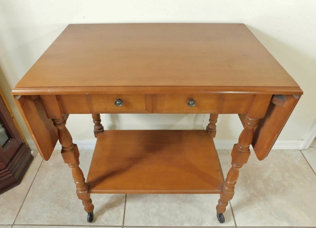 Vintage Midcentury Solid Oak Wood Drop Leaf Rolling Table Server Cart W/ Drawer - 2