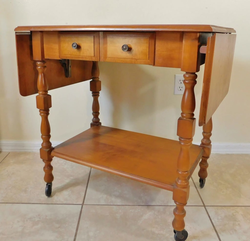 Vintage Midcentury Solid Oak Wood Drop Leaf Rolling Table Server Cart W/ Drawer - 3