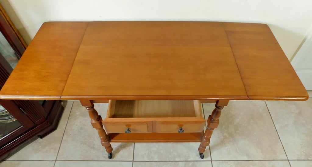 Vintage Midcentury Solid Oak Wood Drop Leaf Rolling Table Server Cart W/ Drawer - 6