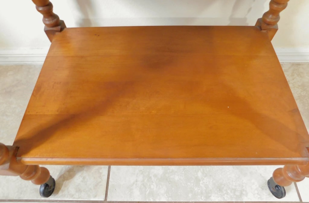 Vintage Midcentury Solid Oak Wood Drop Leaf Rolling Table Server Cart W/ Drawer - 7