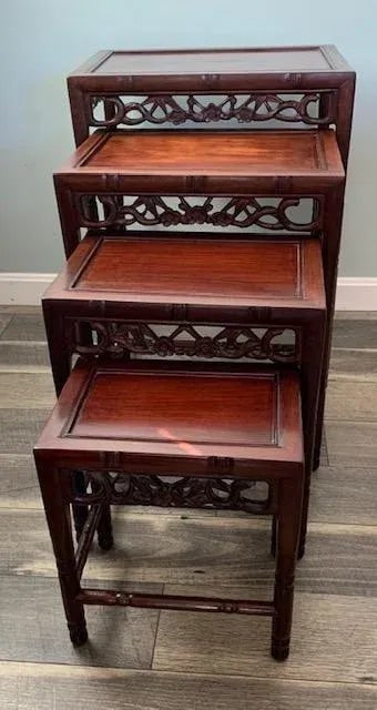 1900s Antique Chinese Qing Dynasty Carved Hongmu Rosewood Bamboo Designed Nesting Tables Set of 4 - 3