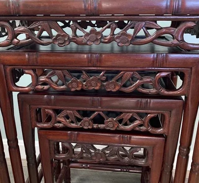 1900s Antique Chinese Qing Dynasty Carved Hongmu Rosewood Bamboo Designed Nesting Tables Set of 4 - 7