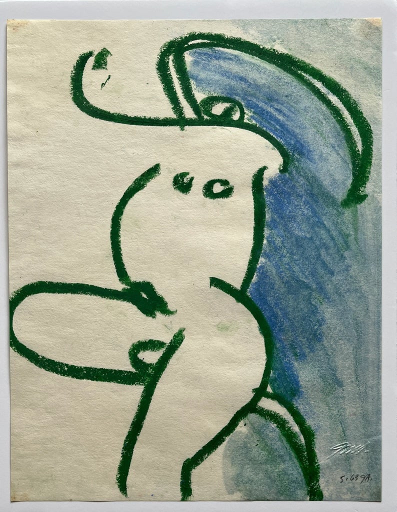 1963 "Green and Blue Nude I" Oil Pastel Drawing - 3