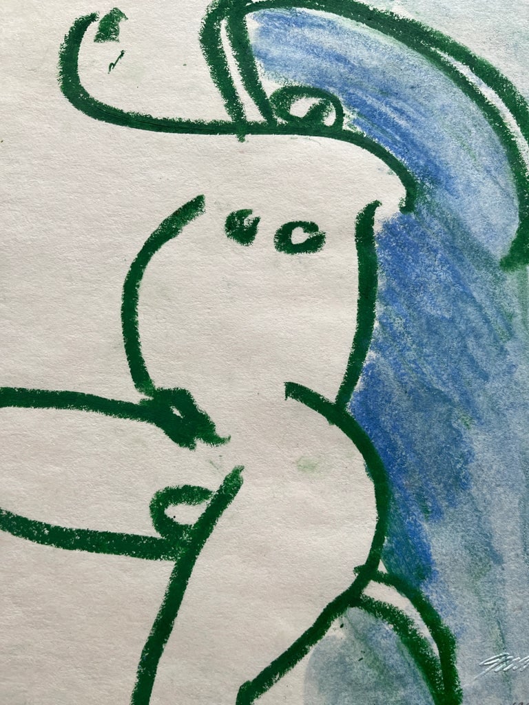 1963 "Green and Blue Nude I" Oil Pastel Drawing - 5