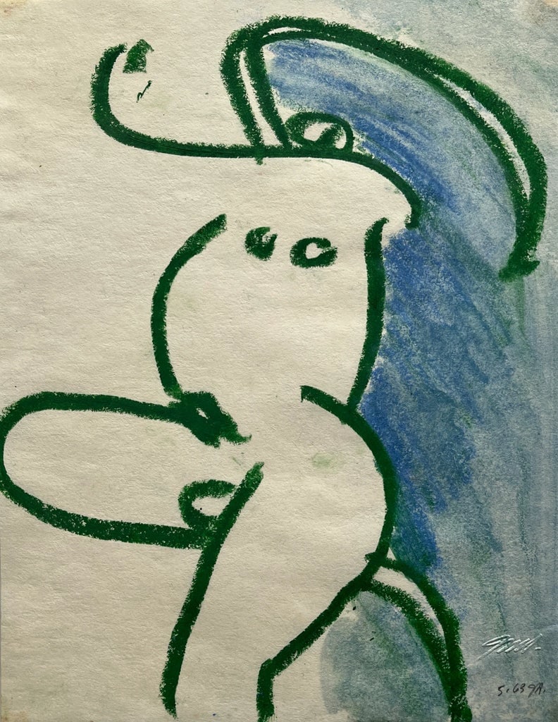 1963 "Green and Blue Nude I" Oil Pastel Drawing - 7