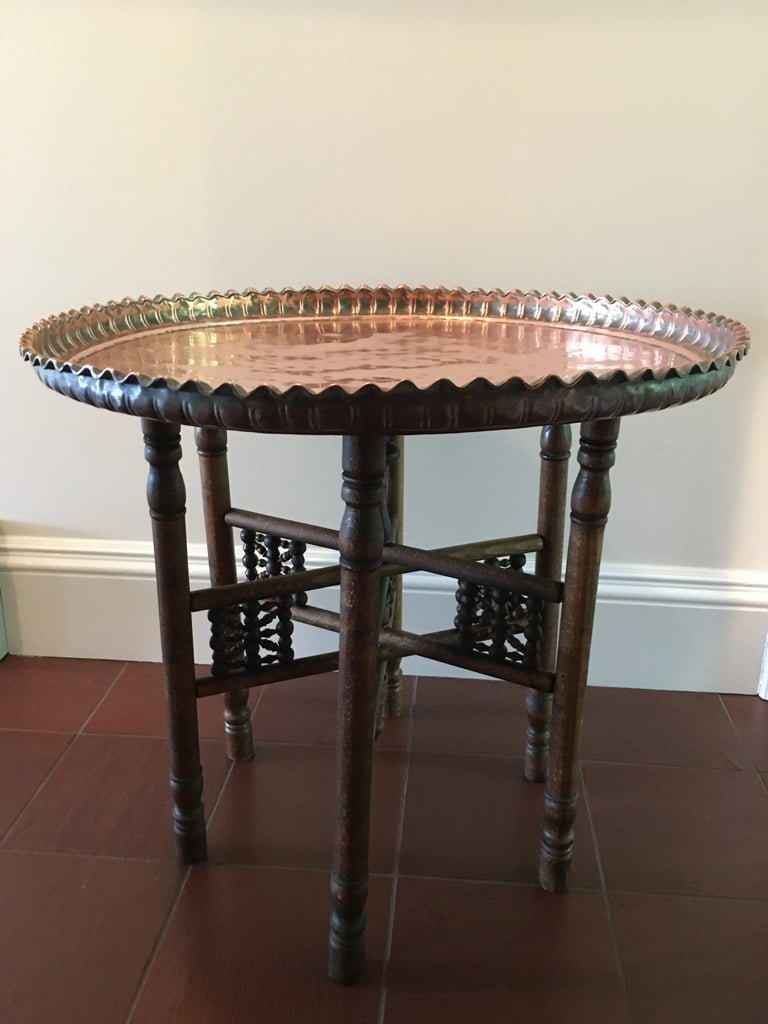 Antique Turkish Copper Tray Table on Folding Wooden Stand - 2
