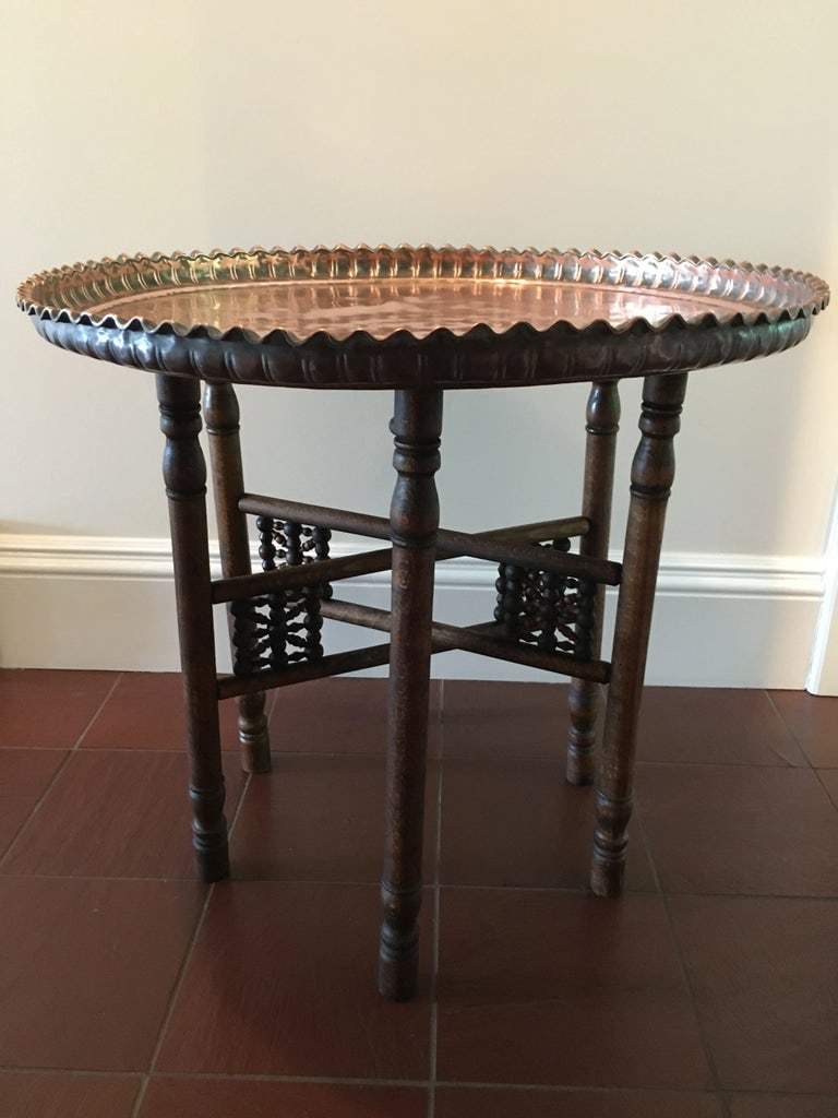 Antique Turkish Copper Tray Table on Folding Wooden Stand - 3