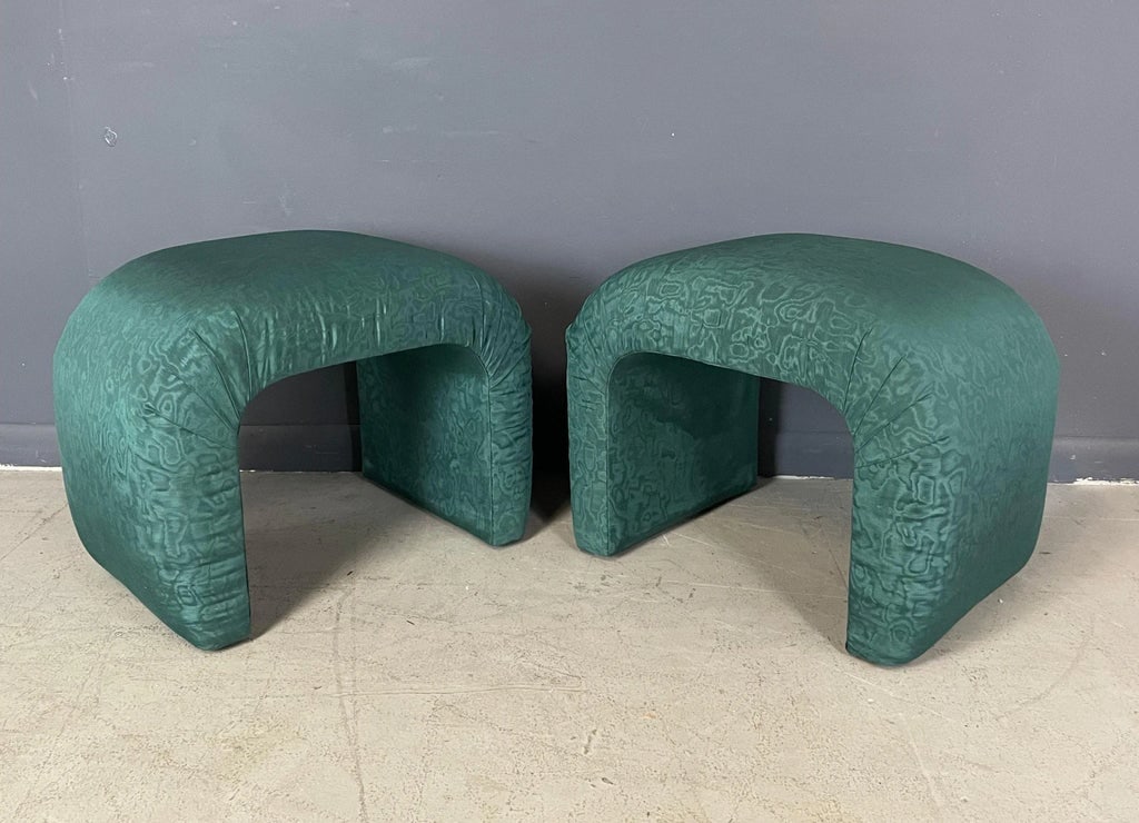 1980s Waterfall Benches in a Green Moire Fabric in the Style of Karl Springer - a Pair - 2