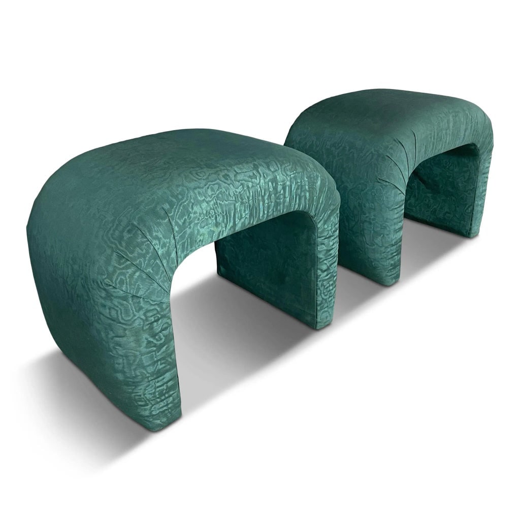 1980s Waterfall Benches in a Green Moire Fabric in the Style of Karl Springer - a Pair - 7