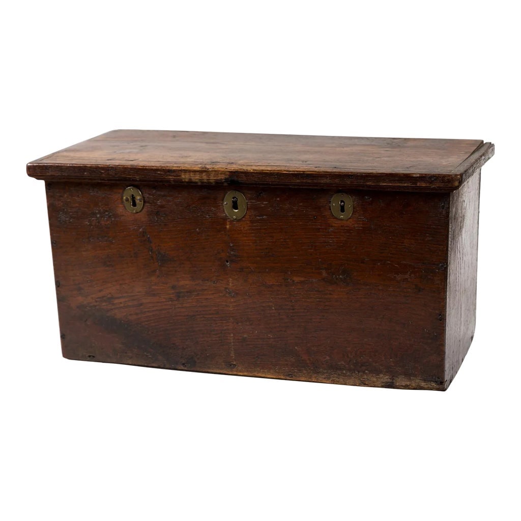 European Walnut Storage Chest, Early 19th Century: European Walnut Storage Chest, early 19th Century. An early chest with triple brass locks and hand-forged iron strap hinges. Condition: Alterations: Original Condition Unaltered Imperfections: Some Im