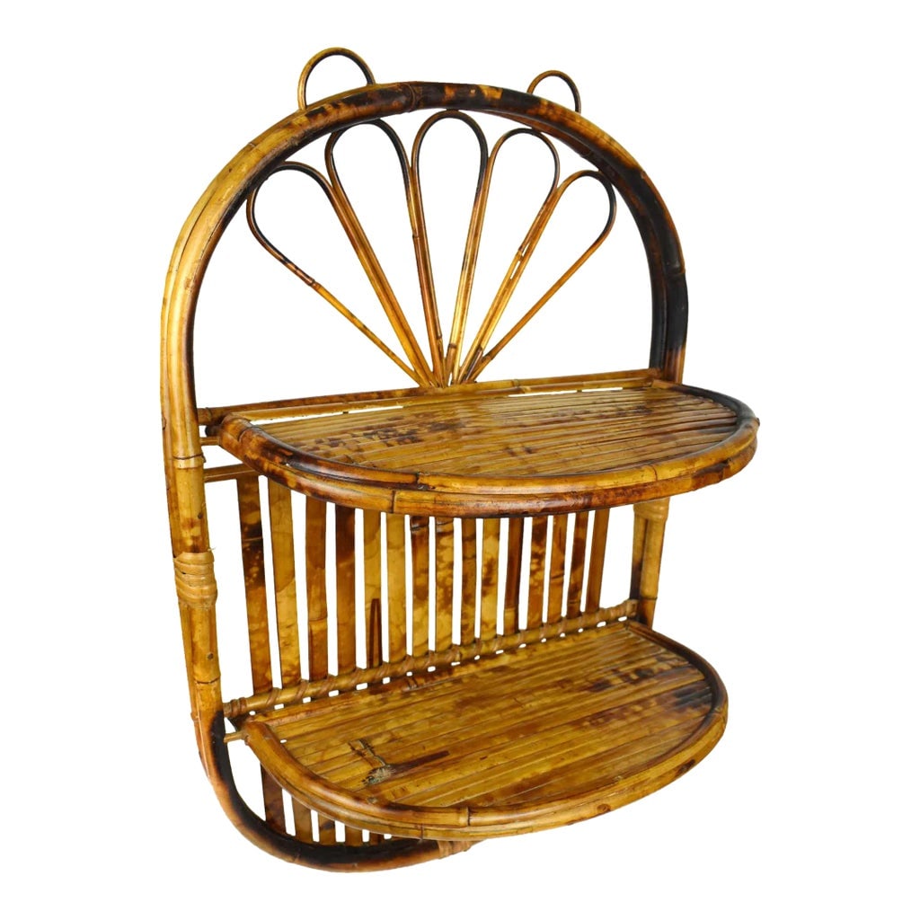 Mid 20th Century Boho Chic Oval Wall Hanging Foldable Bamboo Rattan Double Shelf: Mid 20 century handmade wall hanging bamboo rattan double folding shelf. Unique Piece to enhance you interior decor to Display small plants, books, trinkets or a collection. It is in great vintage