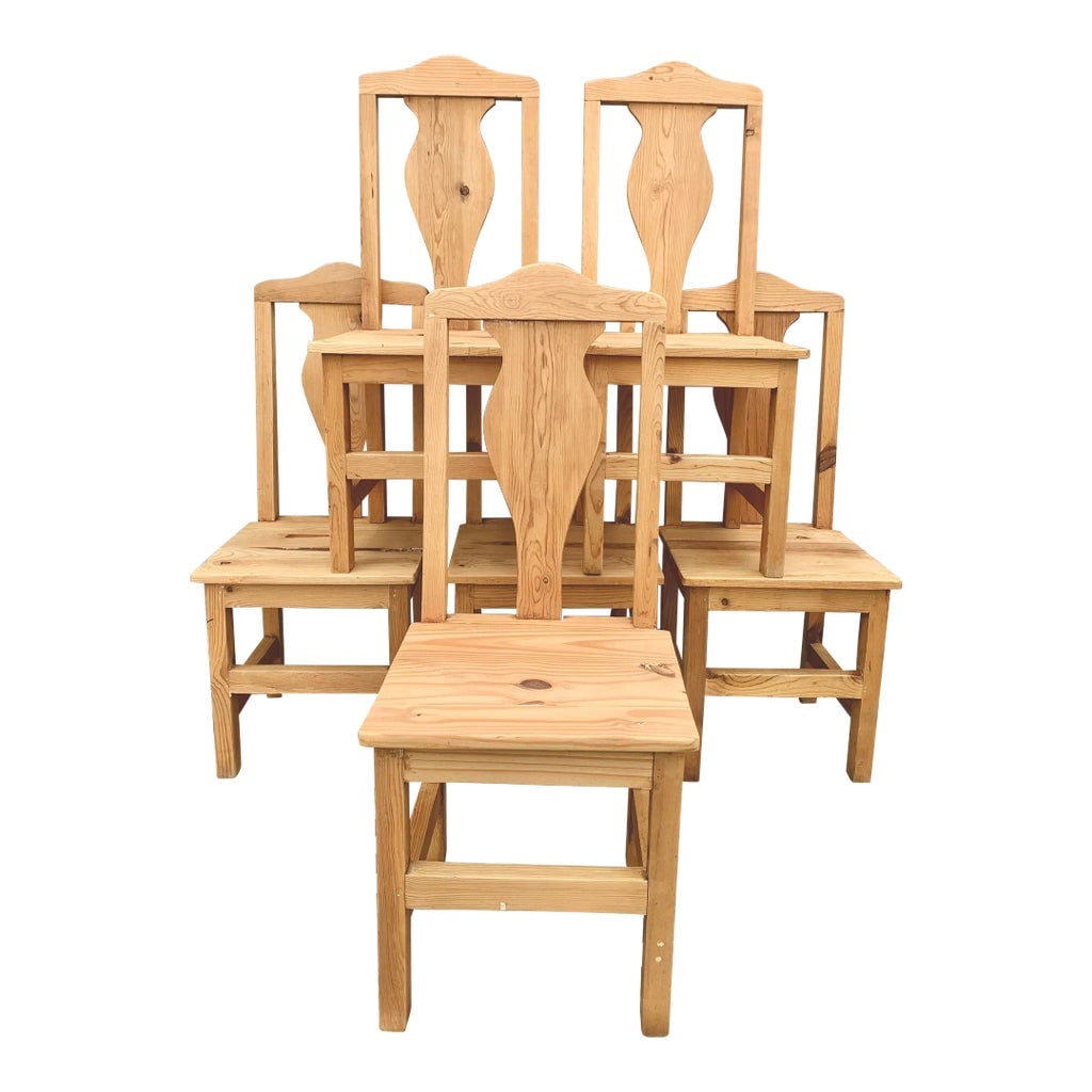 Set of 6 Vintage Gustavian Style Pine Dining Side Chairs: Set of 6 lovely vintage solid pine dining chairs in a Gustavian Swedish antique style. Perfect for a rustic elegant feel. Seat height: 18" H Overall height: 41.25" H Seat width: 17" W Depth: 17" D