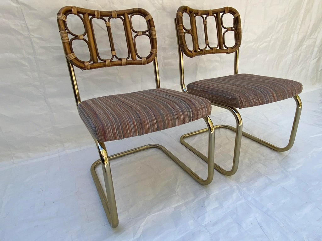1980s Rattan and Brass Cantilever Chairs - a Pair - 3