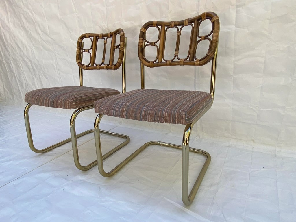 1980s Rattan and Brass Cantilever Chairs - a Pair - 4
