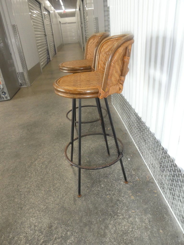 1950s Mid Century Calif Asia Rattan Bar Stools - a Pair - 5