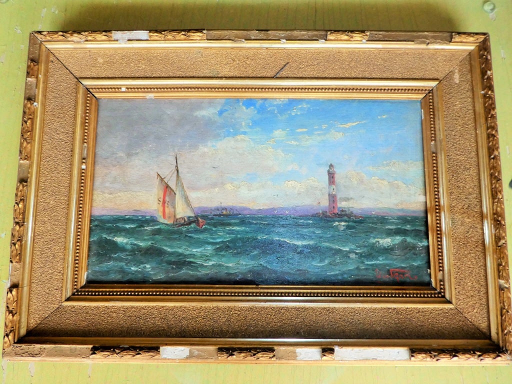 German Painting of Seascape In Gilded Antique Frame - 7